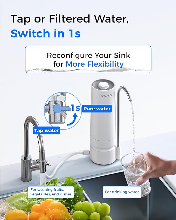 Waterdrop Water Filter for Sink Faucet, 4000 Gallons Countertop Water Filter System and Filter Life Reminder, Reduces Heavy Metals, Bad Odor, and 99% Chlorine, WD-CTF-05 (1 Filter)