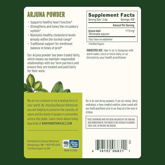 Banyan Botanicals Arjuna Bark Powder – Organic Arjuna (Terminalia Arjuna) – Natural Herbal Heart Health Supplement and Rejuvenating Tonic* – 1 lb. – Non-GMO Sustainably Sourced Vegan