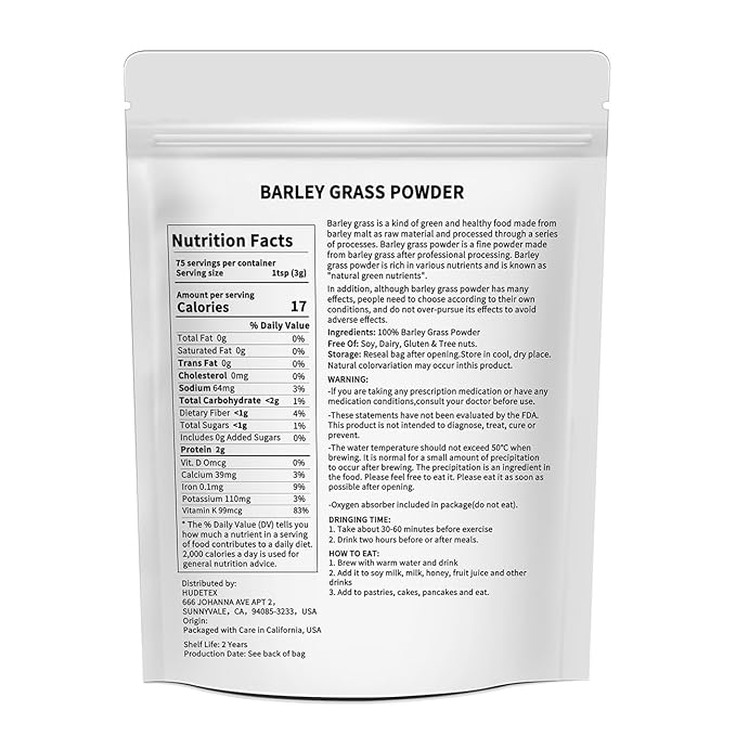 Barley Grass Juice Powder ，Rich in Chlorophyll & Natural Nutrients, Barley Grass Powder - Resealable Bag, Vegan, Non-GMO, Gluten-Free, Sugar-Free，8 oz