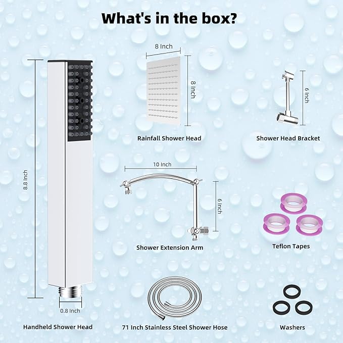 Hibbent All Metal 8'' Rainfall Shower Head, Square Shower Head Combo, High Pressure Handheld Shower Wand, 4 Sprays, 16'' Adjustable Arc-shaped Extension Arm, 71'' Hose, Showerhead Holder, Chrome