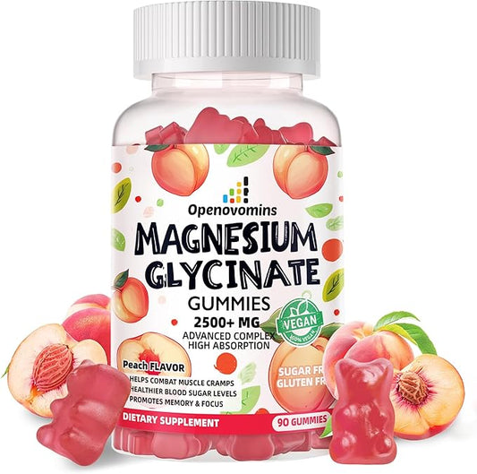 Magnesium Glycinate Gummies 2500mg - Sugar Free Magnesium Potassium Supplement with Vitamin D, B6, CoQ10 for Calm Mood & Sleep Support - 90 Peach Gummies