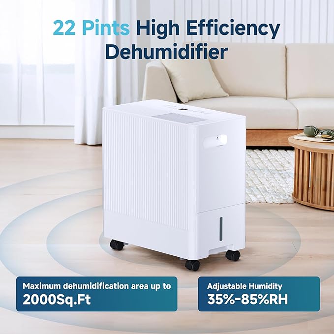 22 Pints Dehumidifier for Basement with Drain Hose,2000 Sq.Ft Dehumidifiers for Home,With 24-Hour Timer Function,Automatic Defrost,Multiple Dehumidification Modes,Suitable for Large Rooms