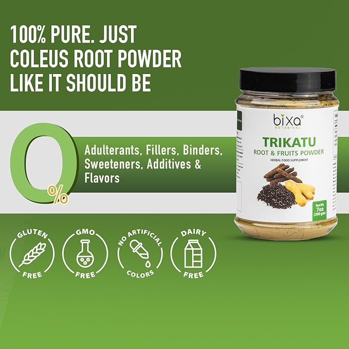 bixa BOTANICAL Trikatu Powder ǀ 200 Grams / 7 OZ | Ayurvedic Herbal Supplement for Heartburn, Digestive Support, Overeating | Gluten Free, Non-GMO, Steam Treated, Vegan, 100% Pure.