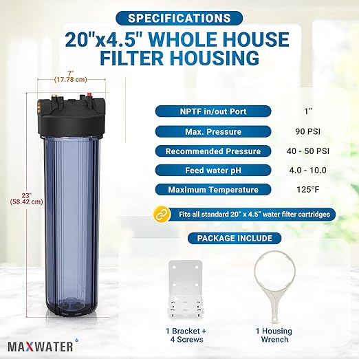 Max Water Whole House 20" x4.5" Purple Clear WH Water Filter Housing 1 inch Inlet/Outlet Ports with Wrench and Bracket (1 Housing)