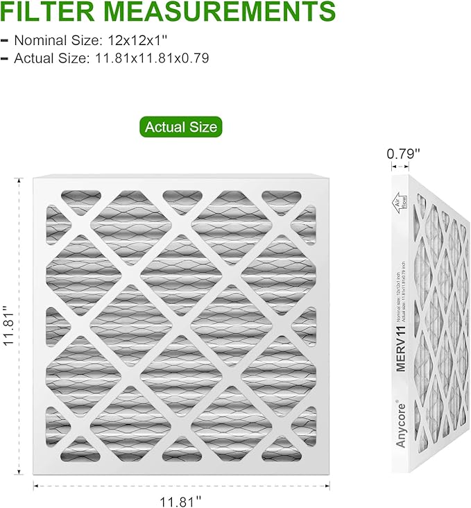 12x12x1 AC Air Filter 6-Pack MERV 11 MPR 1000 FPR 7 HVAC Furnace Pleated Filters for Home Office (Actual Size: 11.81x11.81x0.79 inch)