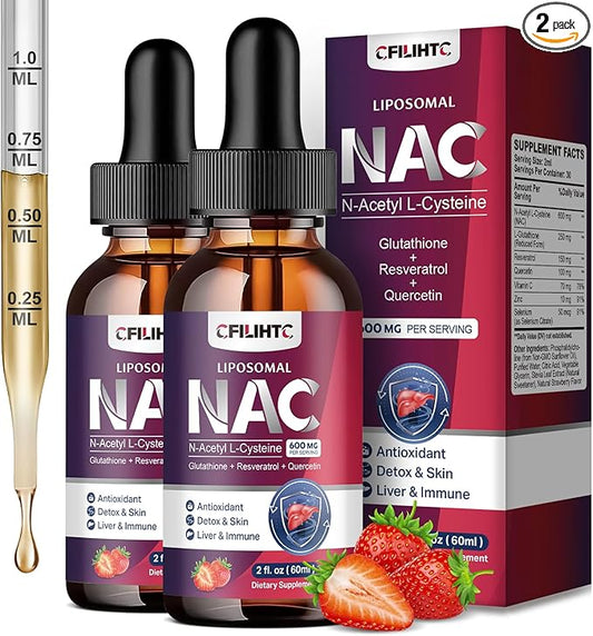 Liposomal Liquid NAC Supplement N-Acetyl Cysteine Drops, N Acetyl Cysteine 600mg with Glutathione, Resveratrol & Zinc for Adults & Kids Liver Lung Antioxidant Immune & Skin Health, Strawberry 4 Fl Oz