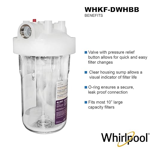 Whirlpool 10" x 4.5" Large Capacity Whole House Water Filter Housing WHKF-DWHBB, 1" Port, Home Water Pre-Filtration for Well and City Water, NSF Certified Reduces Sediment, Sand, Soil, Silt, and Rust