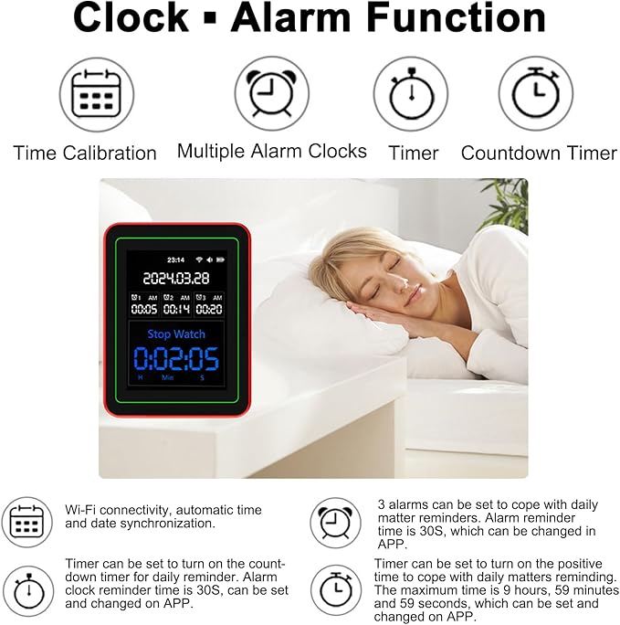 15-in-1 Air Quality Monitor Smart Air Quality Tester with CO2/HCHO/TVOC/AQI/PM0.3/PM1.0/PM2.5/PM10/Temperature/Humidity/Time/Alarm Clock/Timer/Countdown Timer Mobile APP WiFi for Home & Office
