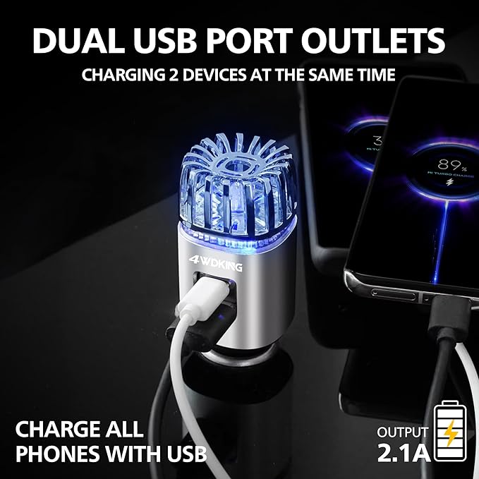 Car Air Purifier Ionizer, 12V Plug-in Car Air Freshener Gadgets with Dual USB Charger Removes Cigarette Smoke, Pet and Food Odor, Ionic Ozone (Silver)