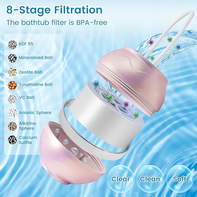 Bath Filter for Tub,Bath Water Filter for Softer Hair&Skin, 8 Stage Filtration Bathtub Water Filter 2,500 Gallons, 6 Dimensional Effect，BPA Free Easy to Install for Home, Hotels&Spa（Light Pink）