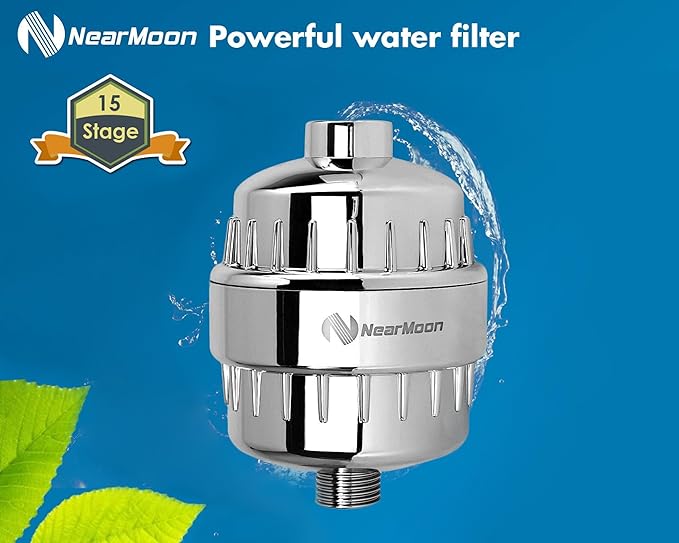 NearMoon Square Shower Head and 15 Stage Shower Filter Combo, High Pressure Filtered Head for Hard Water, Improves the Condition of Your Skin, Hair (Chrome Finish)