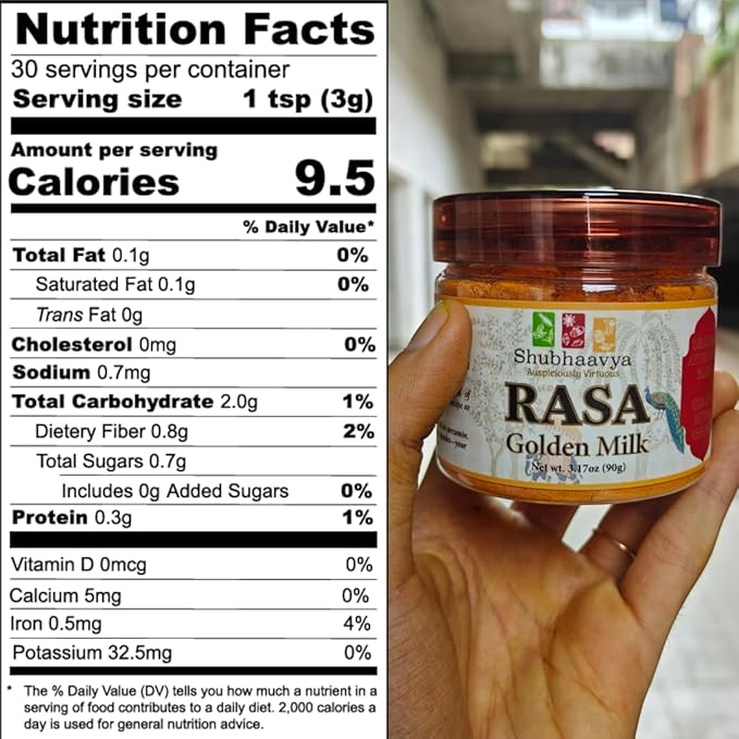 Shubhaavya Rasa Golden Milk - 3.17oz (90g) | High Curcumin Lakadong Turmeric Latte Blend | 30 Servings | All Natural | Non GMO | No Preservatives