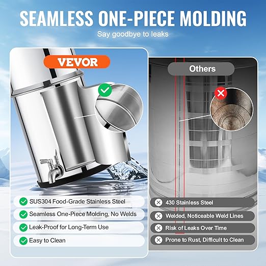 VEVOR Gravity-fed Water Filter System, 2.25G 304 Stainless-Steel Countertop System, Water Filtration System, Reduces Lead and up to 99% of Chlorine, with 2 Carbon Filters & Spigot, for Home Camping RV