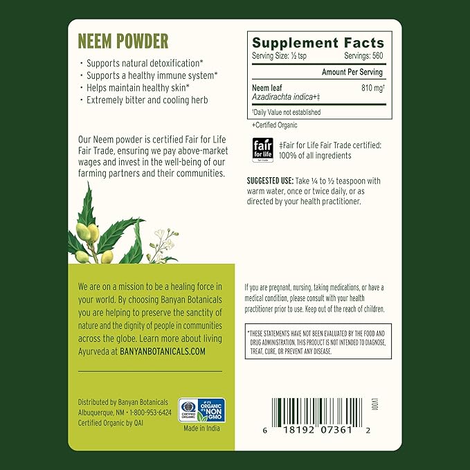 Banyan Botanicals Neem Powder – Organic Neem Leaf Supplement (Azadirachta Indica) – for Skin Health, Immune Support, and Natural Detoxification* – 1 lb. – Non-GMO Sustainably Sourced FFL Fair Trade