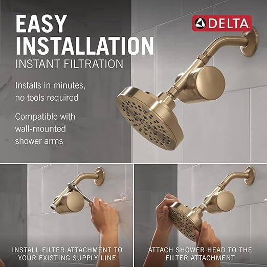 Delta Faucet 5-Setting Shower Head Gold with Clarifi Standard Shower Filter Attachment with Filter