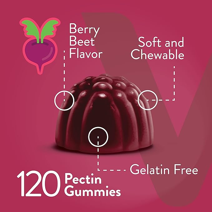 Viteey Beet Root Gummies with Magnesium & Vitamin C - Beetroot Supplement for Heart Health, Blood Pressure Support - Vegan, Gluten-Free - 120 Count
