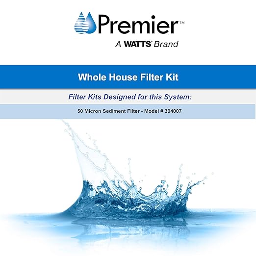 Watts Premier White Whole House Water Filtration Kit with Built-in Bypass Valve, Filter Housing, Three 50-Micron Sediment Filters, Mounting Bracket, Wrench