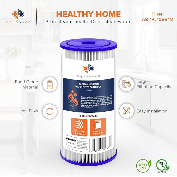 Aquaboon 1 Micron Pleated Water Filter 10 x 4.5 for Whole House Sediment Water Filter Replacement Compatible with Well Filters FXHSC, R50-BBSA (2-PACK)