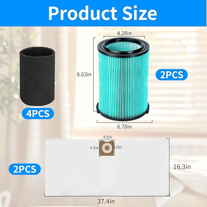 2 Pack VF6000 5-Layer Filter Replacement for Ridgid Wet Dry 5-20 Gallon Wet Dry Vacuums WD5500 WD0671 WD6425 WD7000 WD1280 WD1851 RV2400A RV2600B, 2 Pack VF3502 Shop Vac Bags, 4 Pack Foam Sleeve