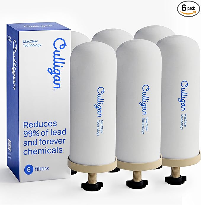 Culligan MaxClear 7” Gravity Water Filter Replacement Compatible with Berkey Water Filter Systems, Ceramic & Carbon Gravity Filter NSF/ANSI Certified, Reduce Total PFAS, Microplastics & Lead, 6-Pack