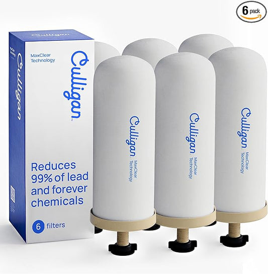 Culligan MaxClear 7” Gravity Water Filter Replacement Compatible with Berkey Water Filter Systems, Ceramic & Carbon Gravity Filter NSF/ANSI Certified, Reduce Total PFAS, Microplastics & Lead, 6-Pack