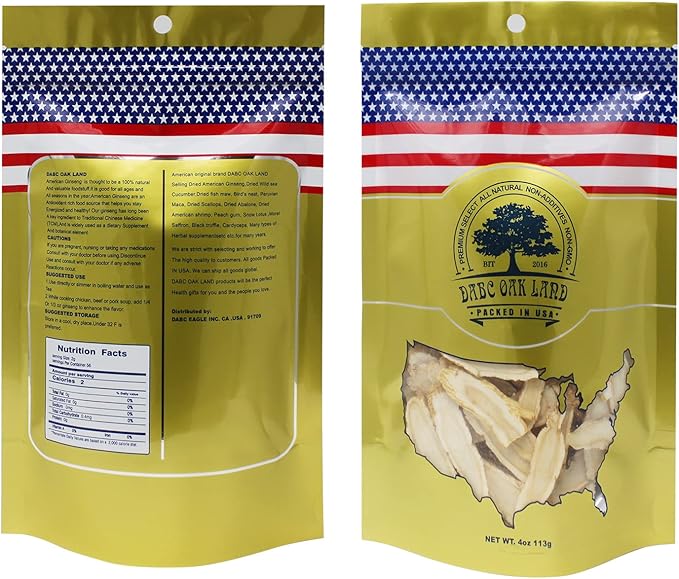 American Ginseng Slices from Wisconsin, DOL American Wisconsin从Ginsengs Slices Root for Tea, Energy for Men Women Mental Health Boosts Immunity, Gluten Free, 花旗参/西洋参 Long Strip 1 Bag of 4OZ