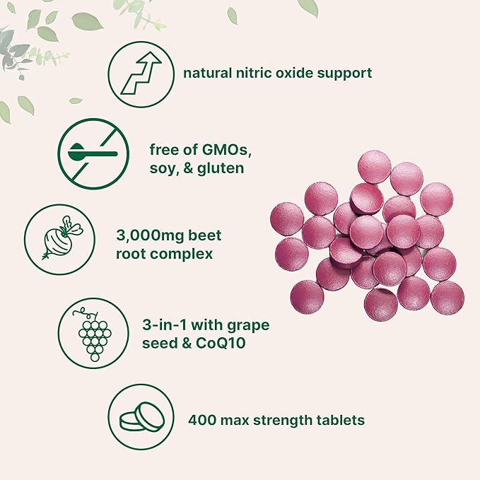 Beet Root 3,000mg with Grape Seed Extract & CoQ10, 400 Tablets | 200 Servings | Super Beets Supplements from Fresh Beetroot Extract for Nitric Oxide, Blood Pressure & Heart Health Support