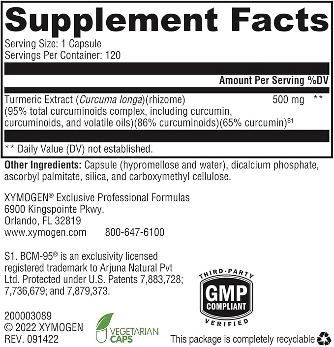 XYMOGEN CurcuPlex-95 - Turmeric Curcumin Supplements with Enhanced Bioavailability - Daily Brain Support Supplement (120 Vegan Turmeric Capsules)
