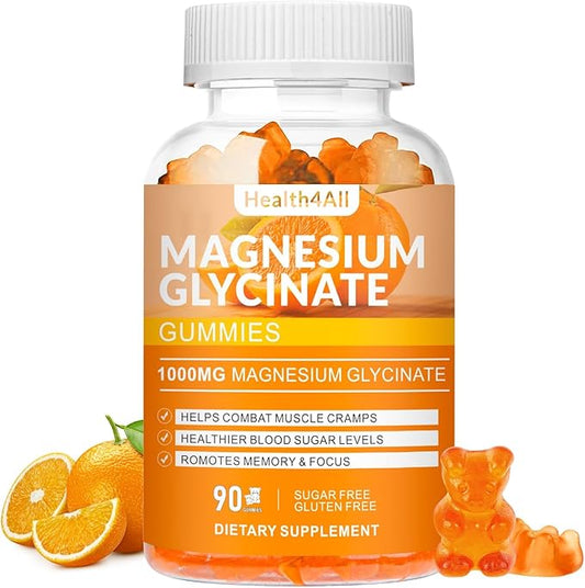 Magnesium Glycinate Gummies 1000mg, High Absorption Sugar Free Magnesium Potassium Supplement for Relaxation, Stress Relief, and Sleep Support for Adults & Kids - 90 Orange Gummies