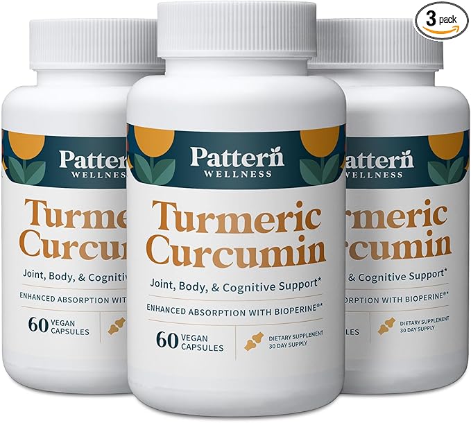 Pattern Wellness Turmeric Curcumin – 1300mg – 95% Curcuminoids with BioPerine® Black Pepper – Joint, Cognitive & Immune Support – Non-GMO, Gluten Free – 180 Capsules