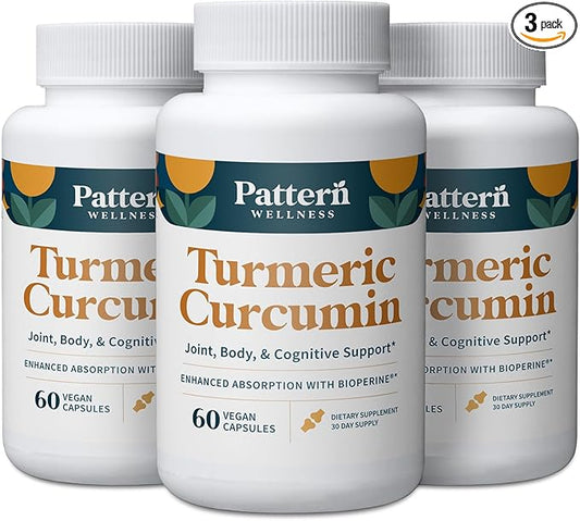 Pattern Wellness Turmeric Curcumin – 1300mg – 95% Curcuminoids with BioPerine® Black Pepper – Joint, Cognitive & Immune Support – Non-GMO, Gluten Free – 180 Capsules