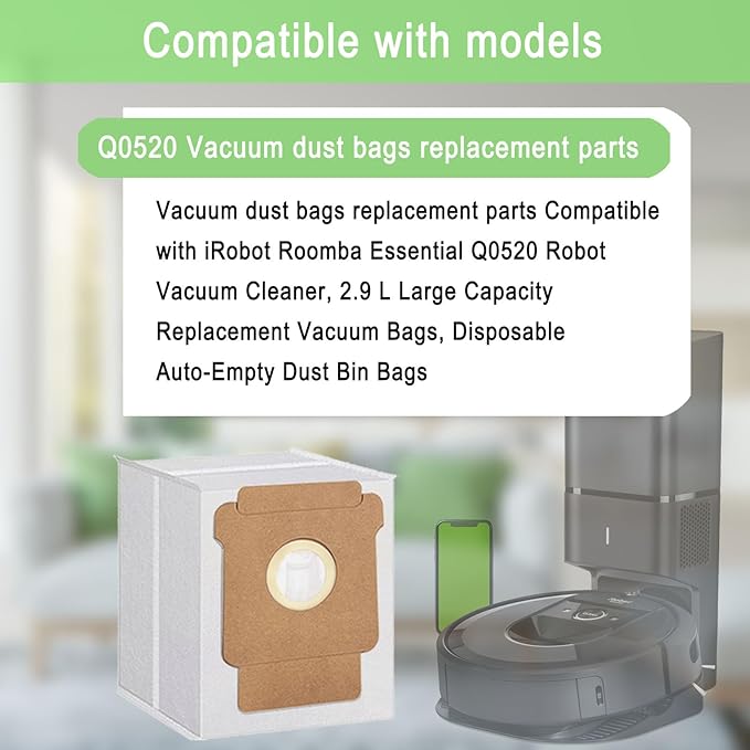 12 Pack Q0520 Vacuum Bags for iRobot Roomba Vacuum 2 Q0520 Essential Robot Vacuum Cleaner,Roomba 105 Combo/Vac,Plus 405 404 505 Combo Max 705 Vac,Max 705 Combo Robot,Disposable Auto-Empty Dust Bin Bag