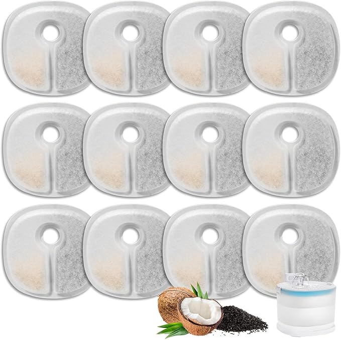 12 Packs Cat Water Fountain Filter Replacements Compatible with E1/E1+ Cat Fountain (2L/67oz), Triple Filtration System Pet Water Dispenser Filter