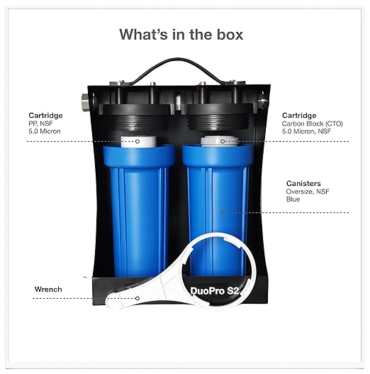 DuoPro S2 External 2-Stage RV Fresh Water Filter System, High Flow, NSF Housings, 3/4" GHT Stainless Steel Fittings, Reduce Sediment, Chlorine, Odor, Heavy Duty Free-Standing Chassis, Blue