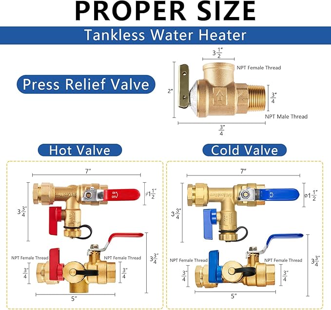 3/4 Inch GUOFIS IPS Tankless Water Heater Valve Kit with Pressure Relief Valve(3/4"FIPx 3/4" FIP),5 Set Water Heater Valve Kit