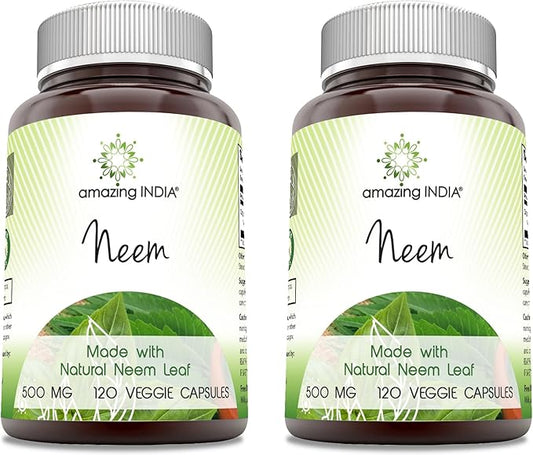 Amazing India Neem (Made with Natural Neem Leaf) 500 mg Veggie Capsules Supplement | Non-GMO | Gluten Free | Made in USA | Suitable for Vegetarians (120 | 2 Pack)