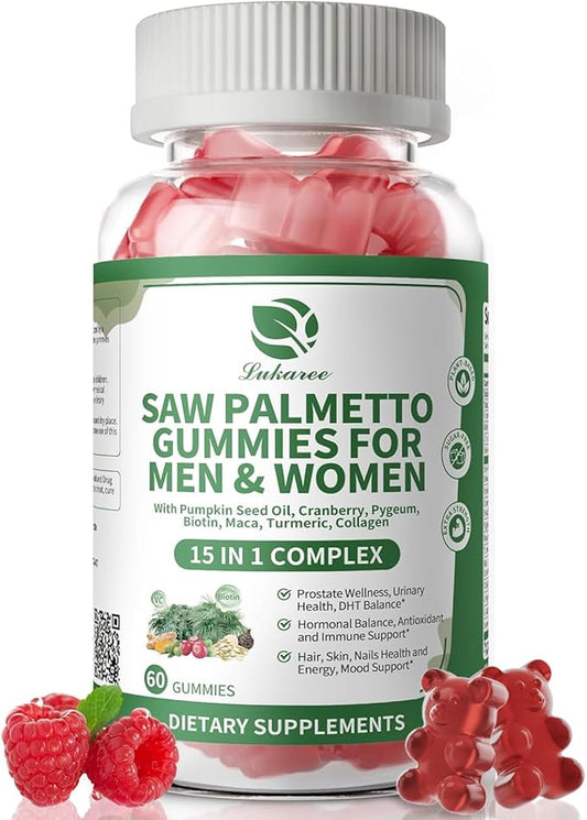 Saw Palmetto for Men & Women, 15 in 1 Saw Palmetto Extract Gummies with Pumpkin Seed Oil, Prostate Health Supplements for Men, Advanced DHT Blocker, Hair & Urinary Health Support, 60 CT