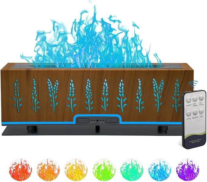 Colorful Essential Oil Diffuser, 7 Colors Flame Diffuser Changing Aromatherapy Diffuser, 200ml Cool Mist Ultrasonic Diffuser for Office, Home,Bedroom (Timeable, Waterless Auto Off- Brown)