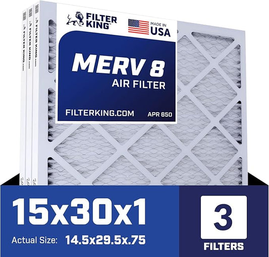Filter King 15x30x1 Air Filter | 3-PACK | MERV 8 HVAC Pleated A/C Furnace Filters | MADE IN USA | Actual Size: 14.5 x 29.5 x .75"