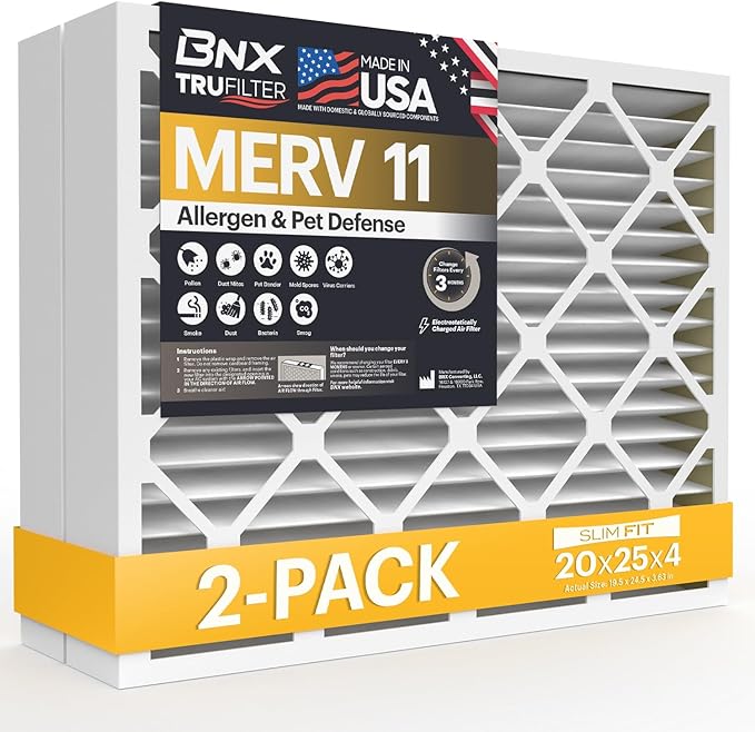 BNX TruFilter 20x25x4 (19.5’’ x 24.5’’ x 3.63‘’ Slim Fit) MERV 11 Air Filter 2-Pack - MADE IN USA - Air Conditioner Furnace Filters HVAC AC Furnace Filters for Allergy Dust, Pet, Mold, MPR 1200 FPR 7