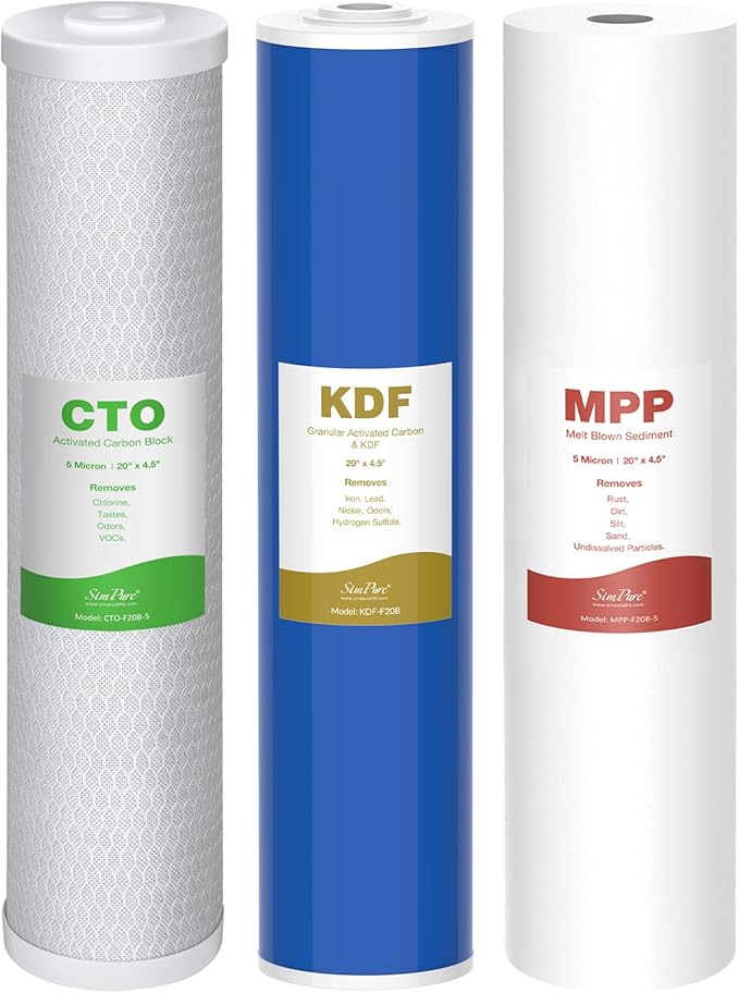 SimPure 3-Stage 20" x 4.5" Sediment Carbon and KDF Whole House Water Filter Set Replacement, 5 Micron Filters for DB20P-3KDF, DB20P and 20-in Filter Housings