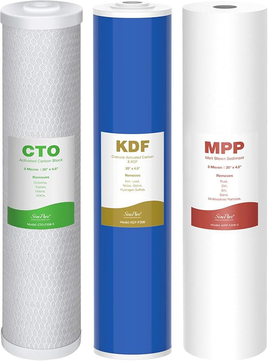 SimPure 3-Stage 20" x 4.5" Sediment Carbon and KDF Whole House Water Filter Set Replacement, 5 Micron Filters for DB20P-3KDF, DB20P and 20-in Filter Housings