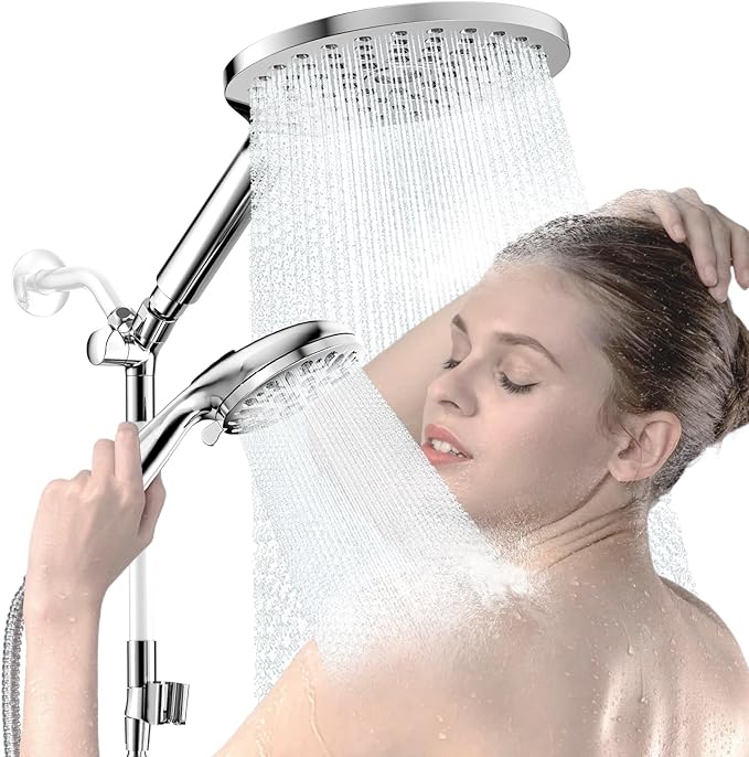 KAIYING Dual Shower Heads with Handheld Spray Combo, High Pressure Modern Rain Shower Head with 9-Mode Handheld Showerhead, Double Rainfall Shower Head with 79-Inch Stainless Steel Hose (Chrome)
