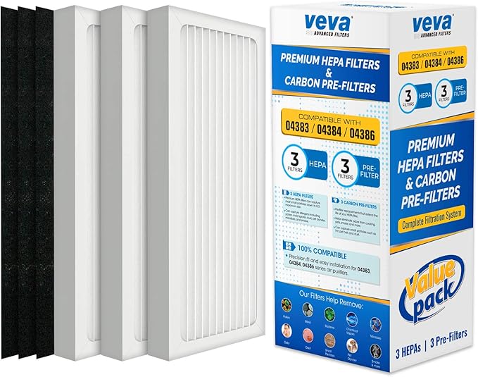 VEVA HEPA Filter Replacement Compatible with Hamilton Beach 04383, 04384, 04386 Air Purifier - 3 Pack of HEPA Filters w/ 3 Precut Carbon Pre-Filters