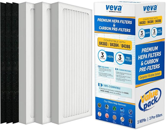 VEVA HEPA Filter Replacement Compatible with Hamilton Beach 04383, 04384, 04386 Air Purifier - 3 Pack of HEPA Filters w/ 3 Precut Carbon Pre-Filters