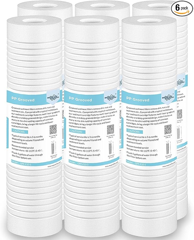 Membrane Solutions Grooved Sediment Water Filter Cartridge (Pack of 6), 0.5 Micron Whole House Water Filter Universal Replacement 10"x2.5" for 10" RO Unit, Whole House Under-Sink Filtration System