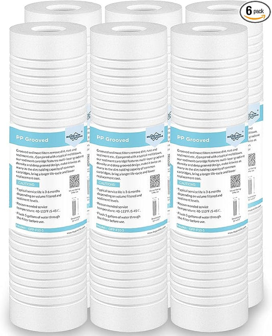 Membrane Solutions Grooved Sediment Water Filter Cartridge (Pack of 6), 0.5 Micron Whole House Water Filter Universal Replacement 10"x2.5" for 10" RO Unit, Whole House Under-Sink Filtration System