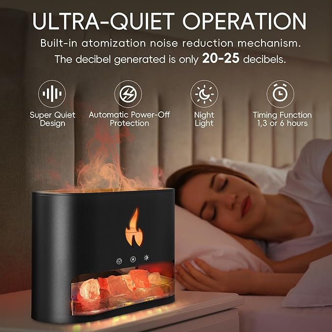 Fireplace Flame Diffuser, Aromatherapy Essential Oil 250ml Himalayan Salt Lamp Cool Mist Ultrasonic Humidifier for Bedroom,Office,Home, Auto Shut-Off, Night Light (Black), (M23)