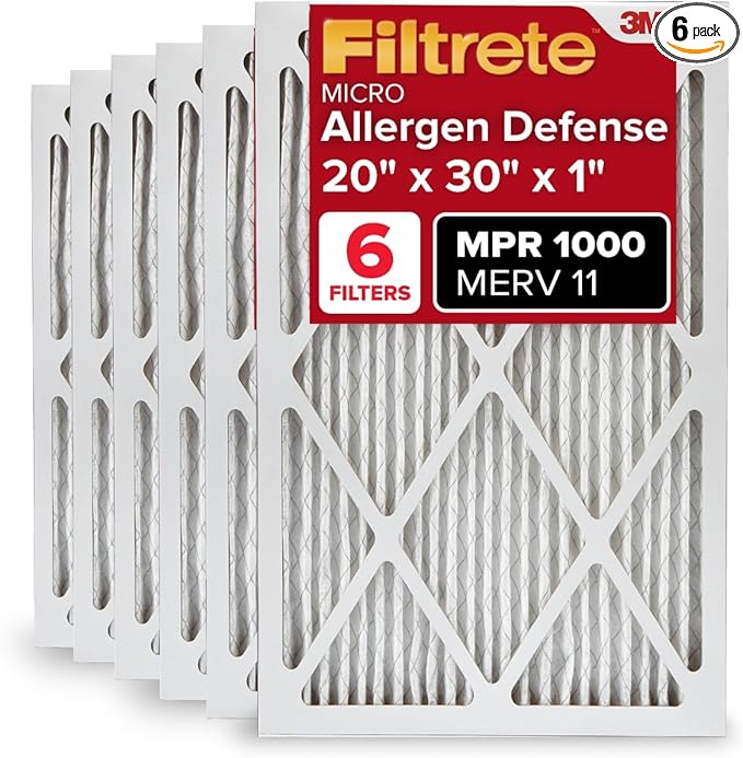 Filtrete 20x30x1 AC Furnace Air Filter, MERV 11, MPR 1000, Micro Allergen Defense, 3-Month Pleated 1-Inch Electrostatic Air Cleaning Filter, 6 Pack (Actual Size 19.81 x 29.81 x 0.81 in)