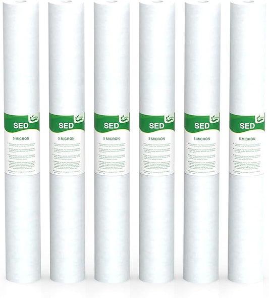 5 Micron Water Filter 20" x 2.5" Replacement Cartridge, 20-inch Sediment Pre-Filters for Whole House Water Filtration/Water Softener Systems, 6-Pack